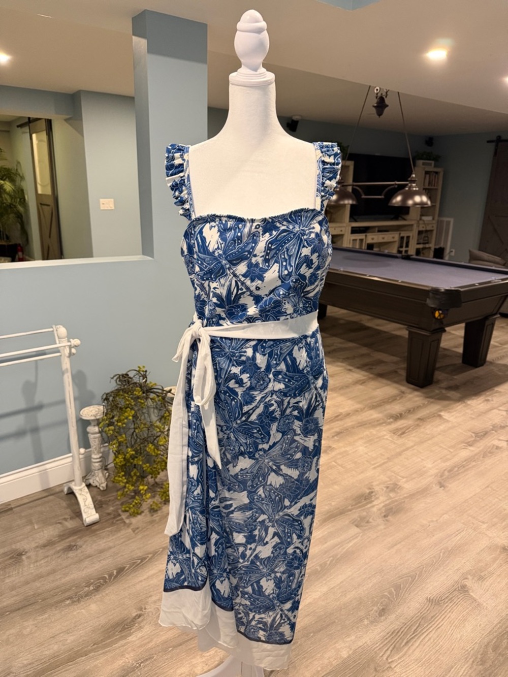 Blue and White Floral Midi swimsuit one piece with Sash
